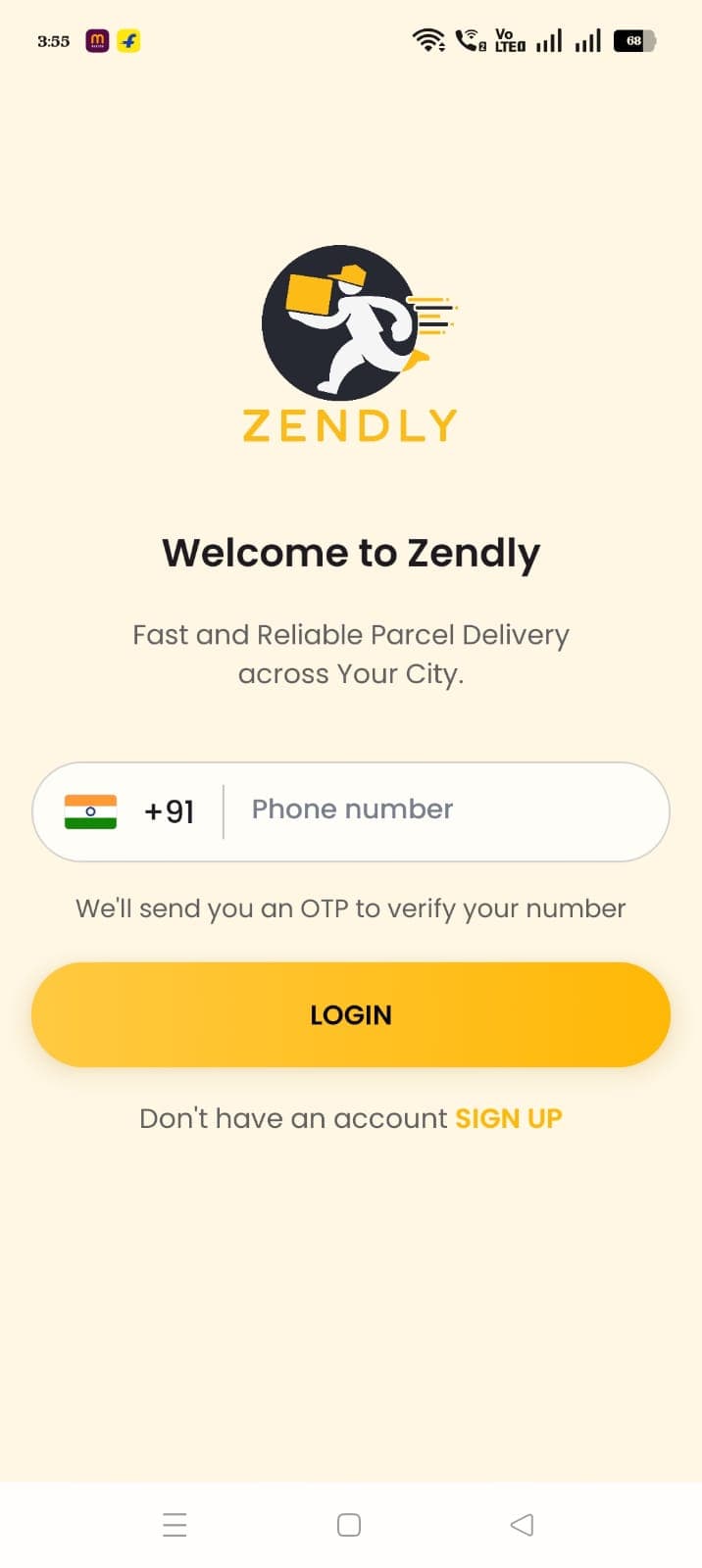 Welcome Back screen in the Zendly mobile app