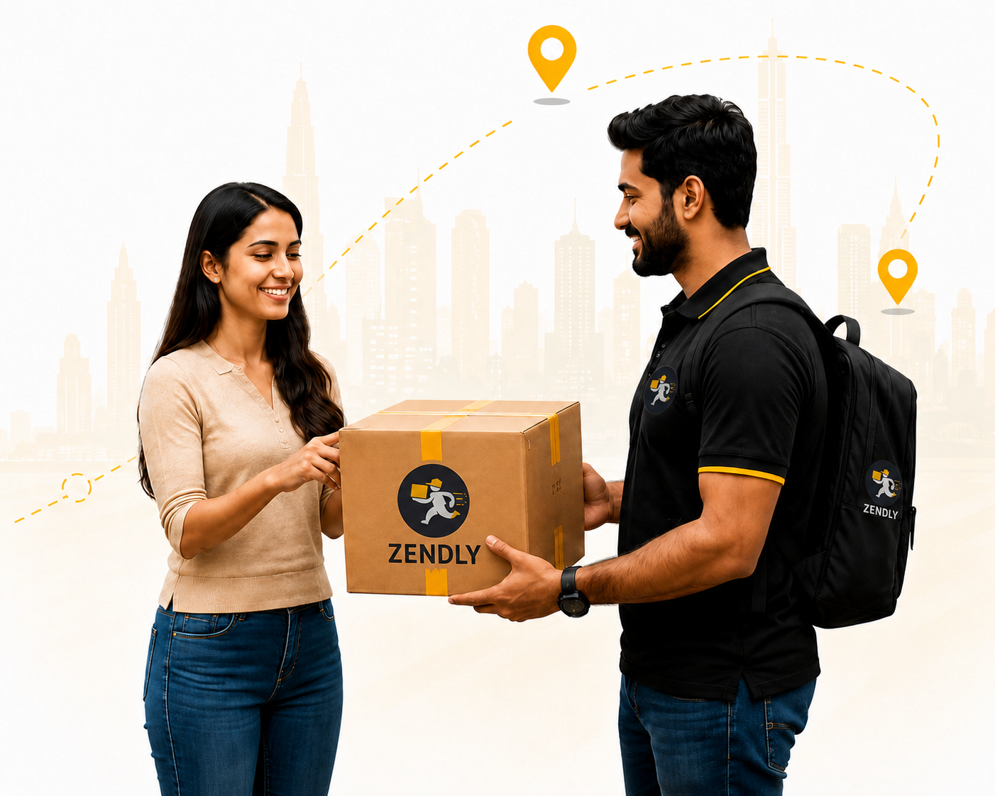Sender handing her parcel to a Zendly carrier