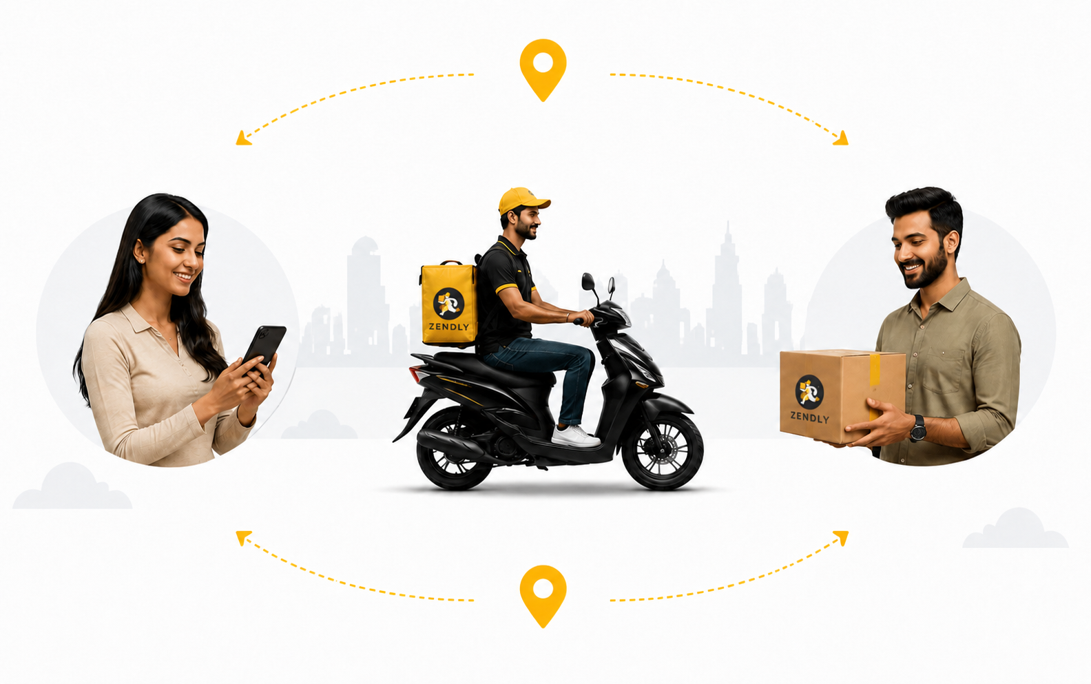 A sender, Zendly carrier and receiver completing a parcel delivery