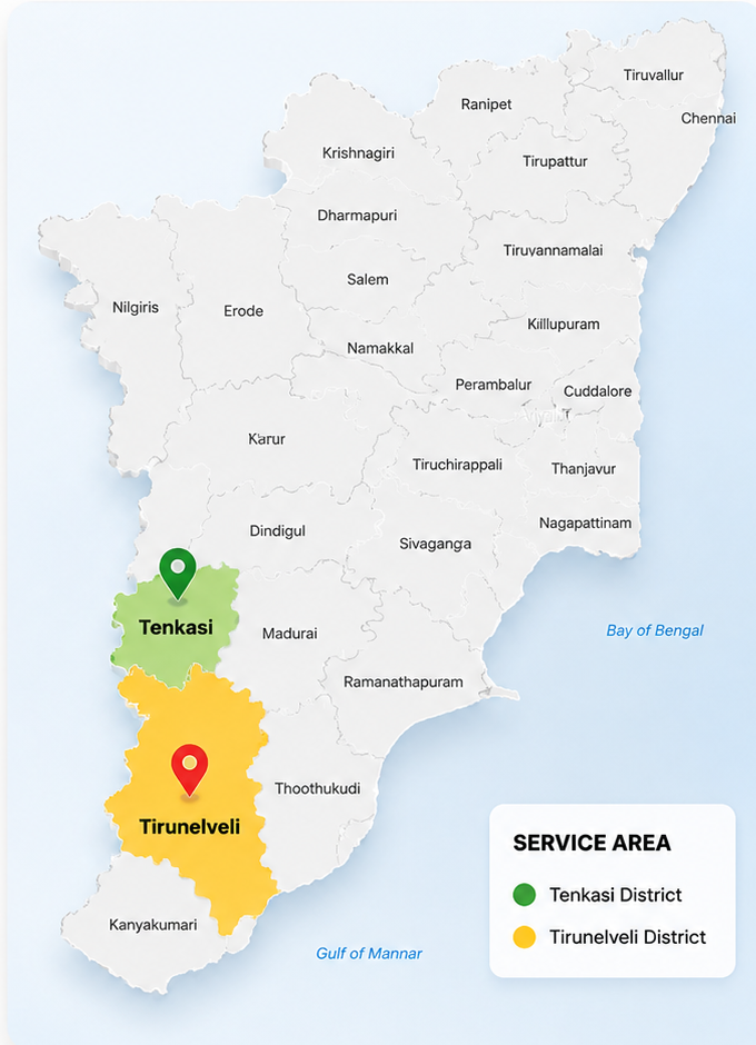 Zendly service map covering Tenkasi and Tirunelveli districts